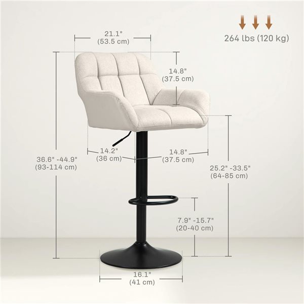 HOMCOM Set of 2 Cream White Swivel Tufted Fabric Adjustable Bar Stools