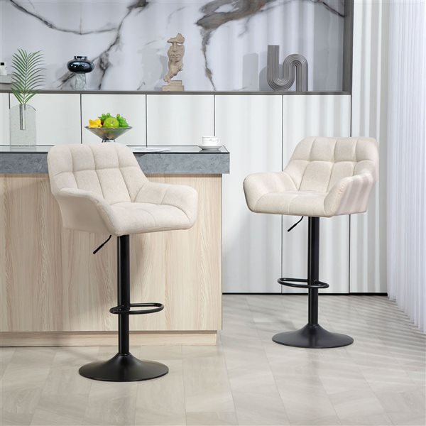 HOMCOM Set of 2 Cream White Swivel Tufted Fabric Adjustable Bar Stools