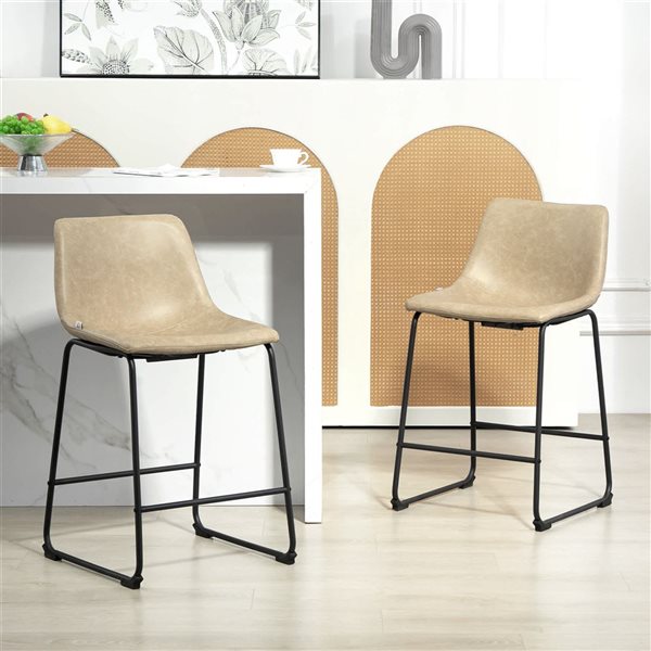 HOMCOM Set of 2 Beige Counter Height Bar Stools with Back