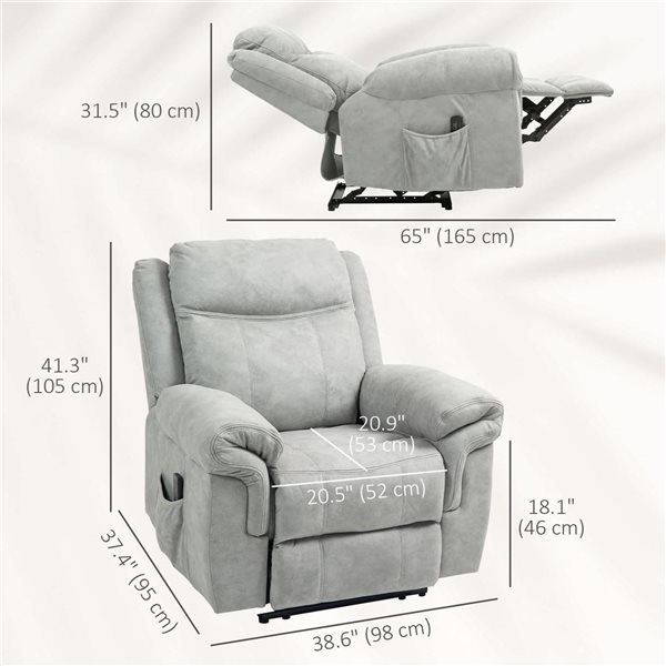 HOMCOM Grey Microfibre Manual Reclining Chair with 8 Vibration Massage and Side Pockets