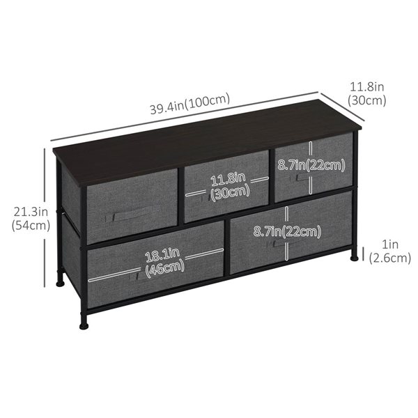 HOMCOM Black Composite/Dark Grey Linen-Look Fabric 5-Drawer Storage Chest with Metal Frame