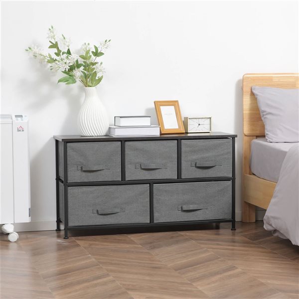 HOMCOM Black Composite/Dark Grey Linen-Look Fabric 5-Drawer Storage Chest with Metal Frame