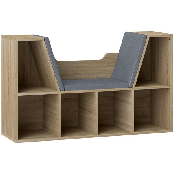 HOMCOM Oak Particleboard 6-Cubby Bookcase w/ Grey Cushioned Reading Nook