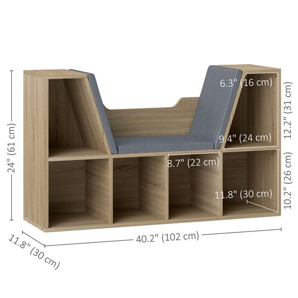 HOMCOM Oak Particleboard 6-Cubby Bookcase w/ Grey Cushioned Reading Nook