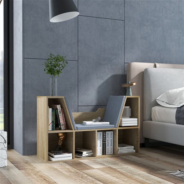 HOMCOM Oak Particleboard 6-Cubby Bookcase w/ Grey Cushioned Reading Nook