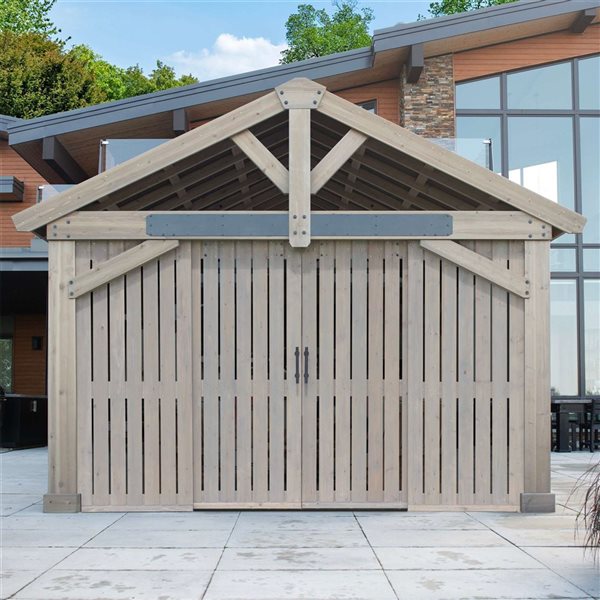 Yardistry 16 x 14-ft Cedar Wood Pavilion Privacy Wall w/ Barn Doors
