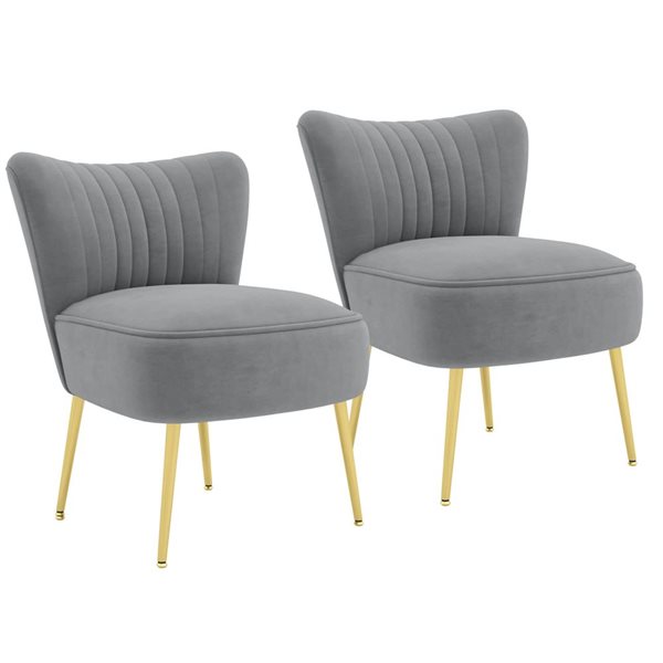 HOMCOM Grey Velvet Fabric Armless Accent Chairs with Gold Leg and Tufted Back - Set of 2