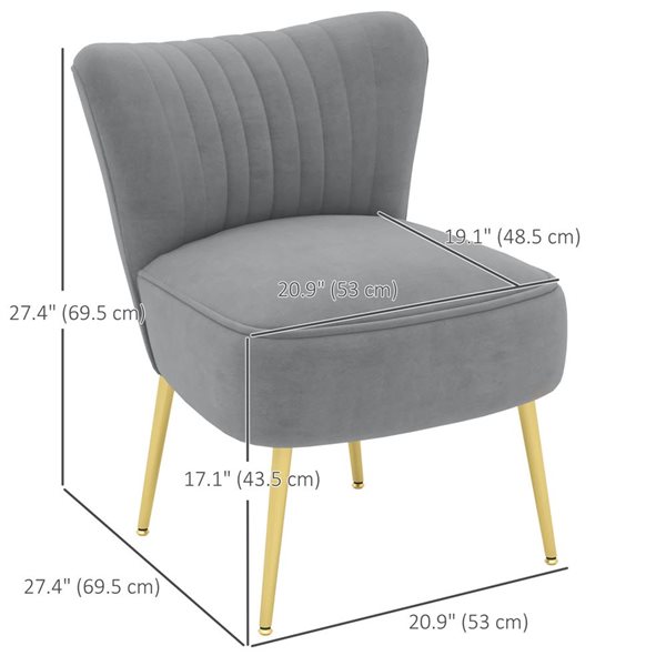HOMCOM Grey Velvet Fabric Armless Accent Chairs with Gold Leg and Tufted Back - Set of 2