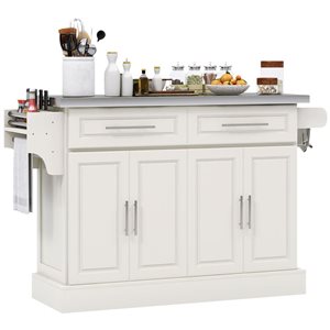 HOMCOM 37 H x 57 L x 18-in W Off-White MDF Base with Stainless Steel Top Rolling Kitchen Island w/ Storage