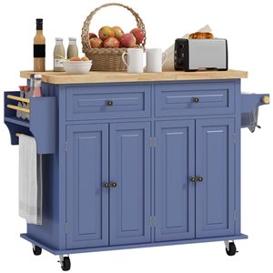 HOMCOM 33 H x 44 L x 18-in W Navy Blue MDF Base with Wood Top Modern Rolling Kitchen Island w/ Drawers