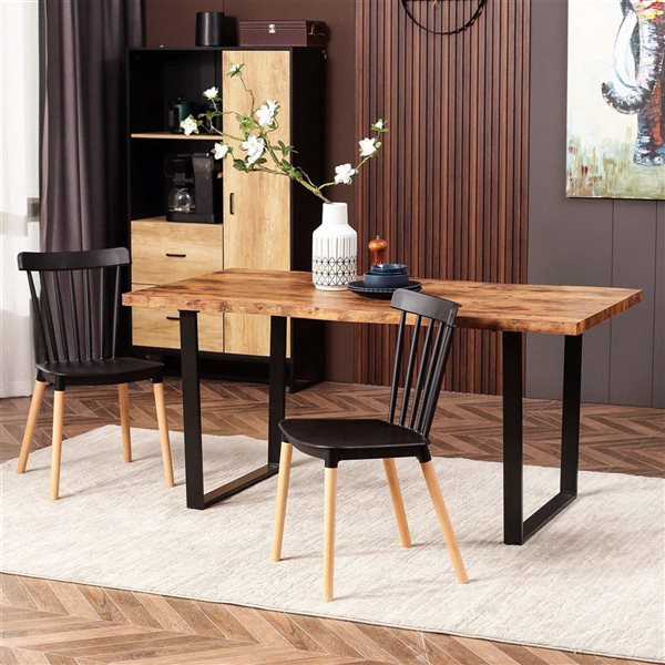 HOMCOM Brown Rectangular 63 L x 34-in W Fixed Dining Table w/ Wave-Edged Tabletop and Steel Legs