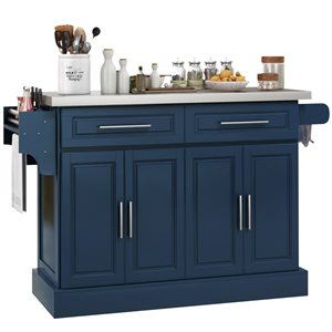 Îlot de cuisine à roulettes bleu marin HOMCOM 37 h. x 57 L. x 18 po l. en acier inoxydable et MDF avec rangement
