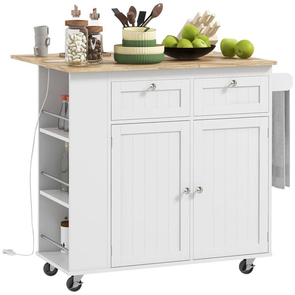 HOMCOM 33 H x 40 L x 29-in W White MDF Base with Wood Top Rolling Portable Kitchen Island