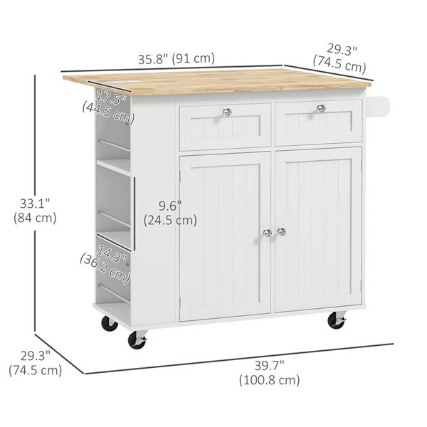 HOMCOM 33 H x 40 L x 29-in W White MDF Base with Wood Top Rolling Portable Kitchen Island