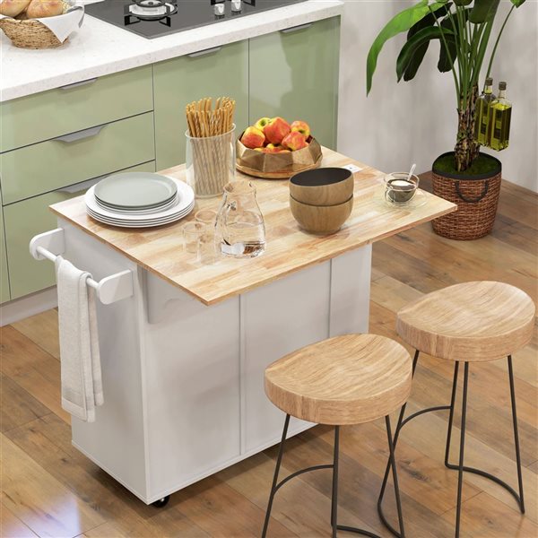 HOMCOM 33 H x 40 L x 29-in W White MDF Base with Wood Top Rolling Portable Kitchen Island