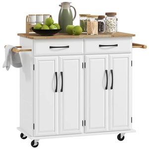 Îlot de cuisine à roulettes blanc HOMCOM 36 h. x 44 L. x 18 po l. dessus bois et base en MDF avec 2 tiroirs