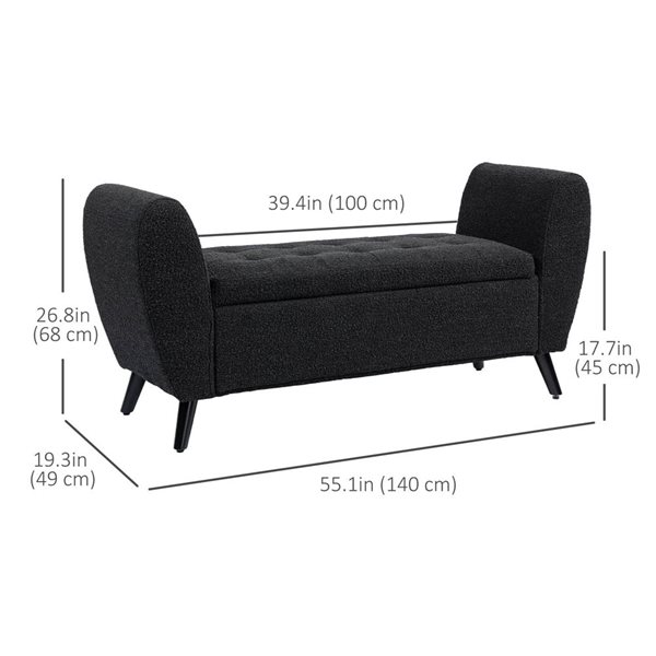 HOMCOM 55 W x 19 D x 27-in H Black Polyester Upholstered Modern Storage Bench with Arms