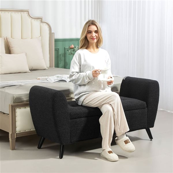 HOMCOM 55 W x 19 D x 27-in H Black Polyester Upholstered Modern Storage Bench with Arms