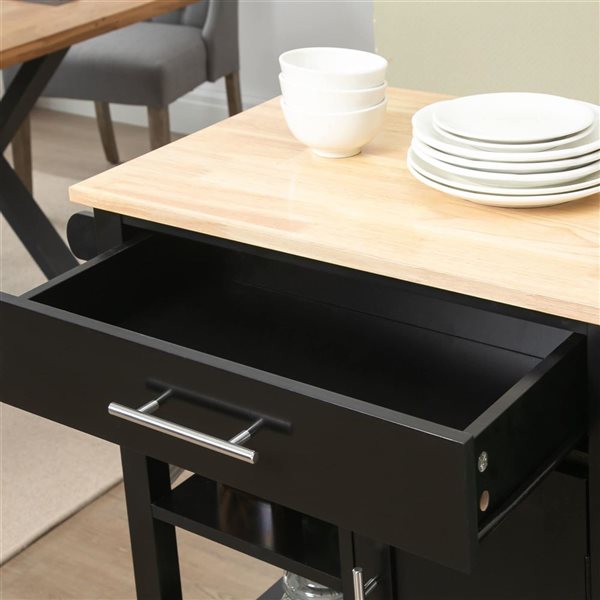 HOMCOM 35 H x 27 L x 19-in W Black MDF Base with Laminate Top Rolling Kitchen Island w/ Open Shelf