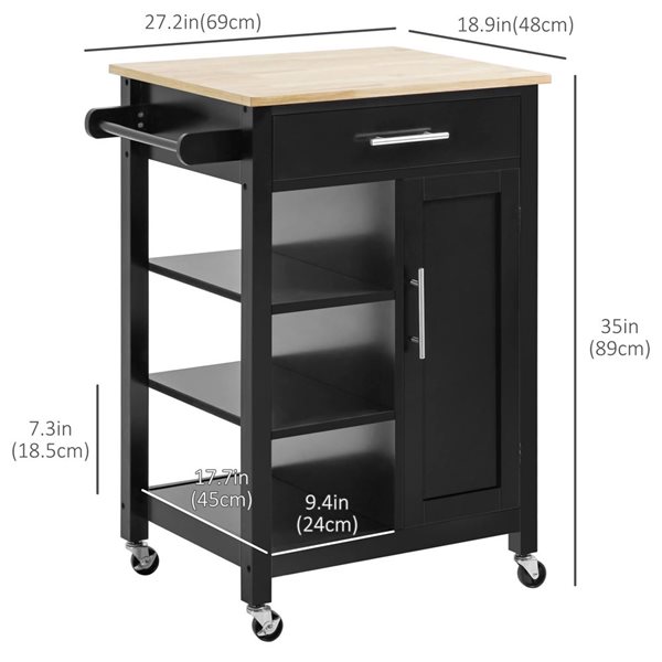 HOMCOM 35 H x 27 L x 19-in W Black MDF Base with Laminate Top Rolling Kitchen Island w/ Open Shelf