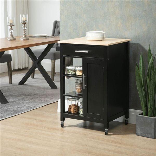 HOMCOM 35 H x 27 L x 19-in W Black MDF Base with Laminate Top Rolling Kitchen Island w/ Open Shelf