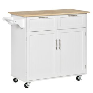 Îlot chariot de cuisine à roulettes blanc HOMCOM 36 h. x 41 L. x 18 po l. en bois et MDF avec tiroirs et porte-serviette