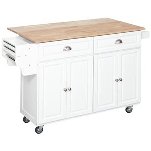 Îlot de cuisine à roulettes blanc HOMCOM 37 h. x 58 L. x 29 po l. en bois massif et MDF à abattant avec rangement