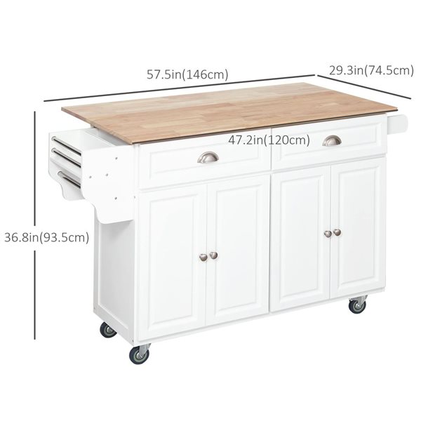 HOMCOM 37 H x 58 L x 29-in W White MDF Base with Wood Drop Leaf Top Kitchen Island Cart w/ Storage