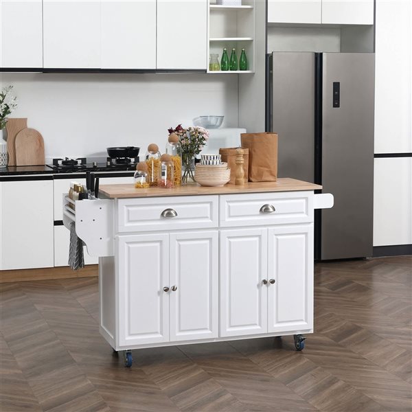 HOMCOM 37 H x 58 L x 29-in W White MDF Base with Wood Drop Leaf Top Kitchen Island Cart w/ Storage