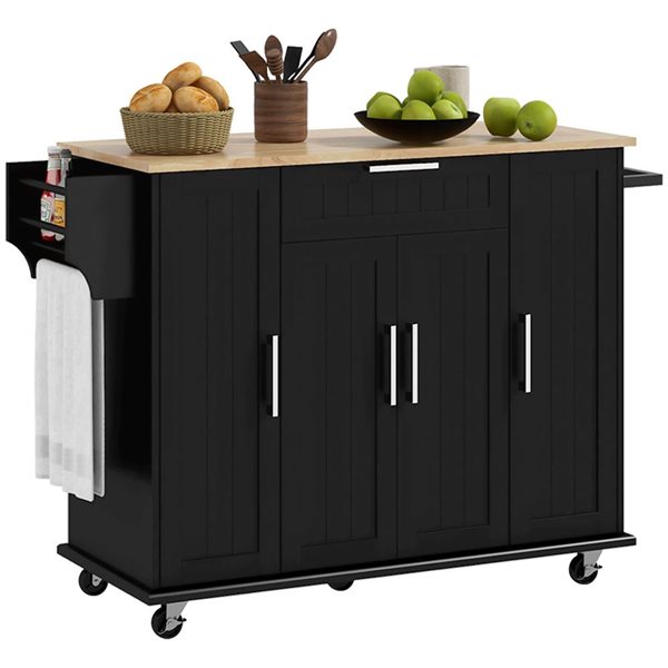HOMCOM 36 H x 52 L x 18-in W Black MDF Base with Solid Wood Top Rolling Kitchen Island