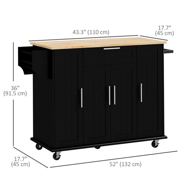 HOMCOM 36 H x 52 L x 18-in W Black MDF Base with Solid Wood Top Rolling Kitchen Island