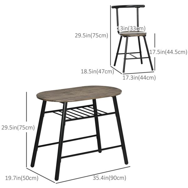 HOMCOM Oval Dining Table w/ Shelf and Chairs Set for 2 - Brown