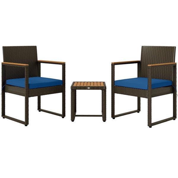 Outsunny 3 Pcs Outdoor PE Wicker Conversation Set - Dark Blue