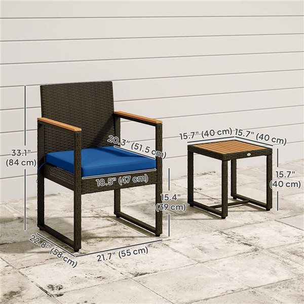 Outsunny 3 Pcs Outdoor PE Wicker Conversation Set - Dark Blue