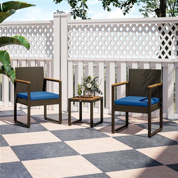 Outsunny 3 Pcs Outdoor PE Wicker Conversation Set - Dark Blue