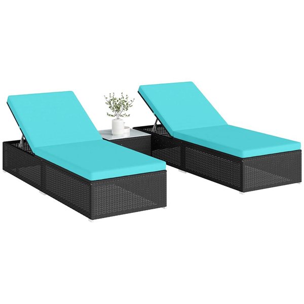 Outsunny 3 Pcs Synthetic Rattan Chaise Lounge Chair Set - Blue