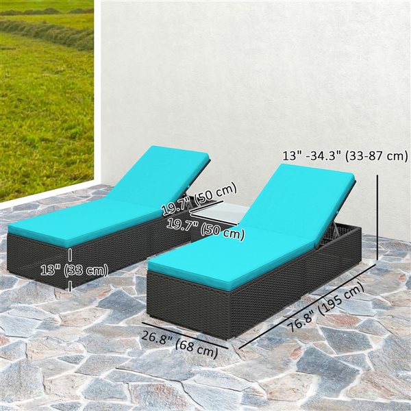 Outsunny 3 Pcs Synthetic Rattan Chaise Lounge Chair Set - Blue