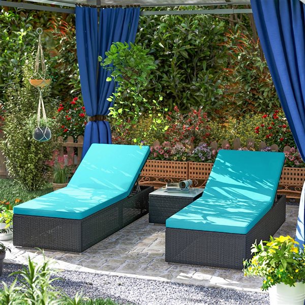 Outsunny 3 Pcs Synthetic Rattan Chaise Lounge Chair Set - Blue