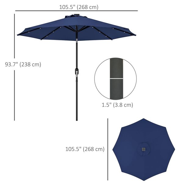 Outsunny 9-ft Outdoor Solar Patio Umbrella w/ Lights - Navy Blue