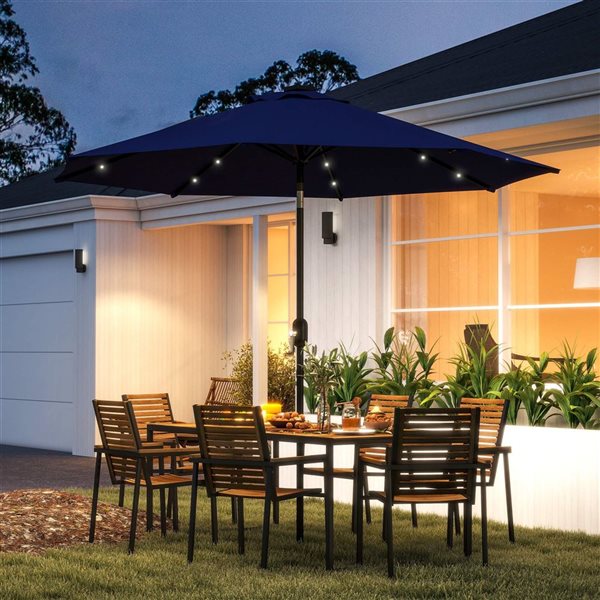 Outsunny 9-ft Outdoor Solar Patio Umbrella w/ Lights - Navy Blue