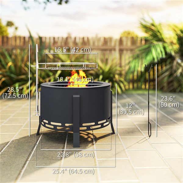 Outsunny Round Outdoor Fire Pit w/ Poker - Black