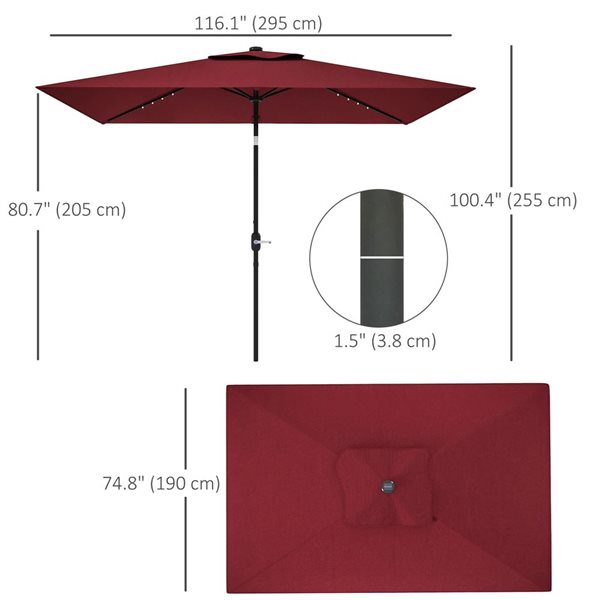 Outsunny 9.7-ft Patio Umbrella w/ LED and Tilt Function - Wine Red
