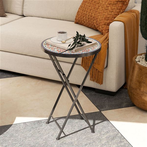 Outsunny 14-in Folding Mosaic Patio Side Table - Mixed Colour
