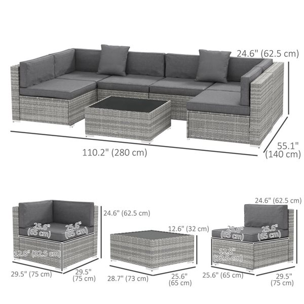 Outsunny 7 Pcs Garden Synthetic Rattan Sectional Sofa Set - Grey
