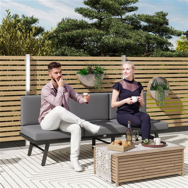 Outsunny 3-in-1 Outdoor Loveseat w/ Folding Table - Grey