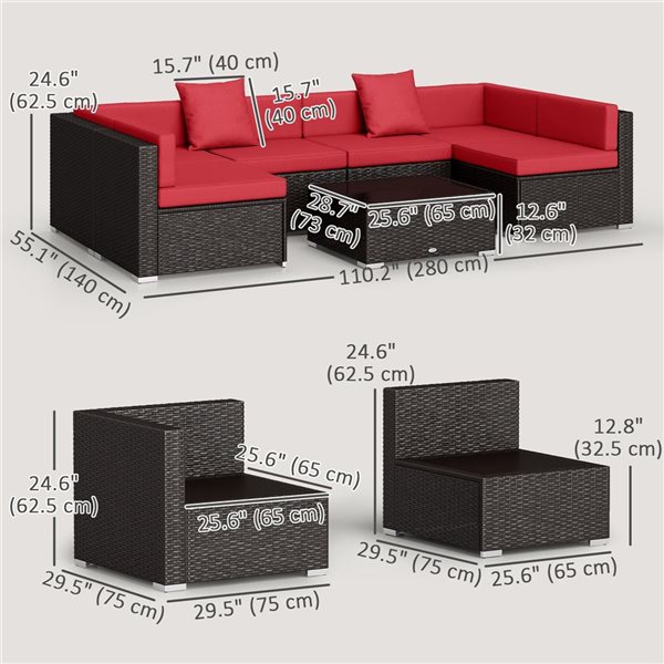 Outsunny 7 Pcs Garden Synthetic Rattan Sectional Sofa Set - Red