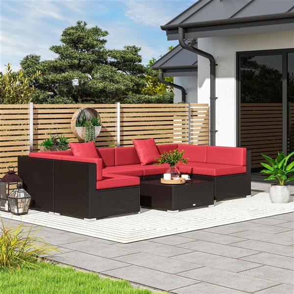 Outsunny 7 Pcs Garden Synthetic Rattan Sectional Sofa Set - Red
