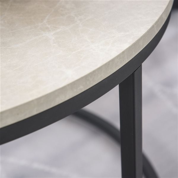 HOMCOM White Marble-Look MDF/Black Metal Round Nesting Coffee Tables - Set of 2
