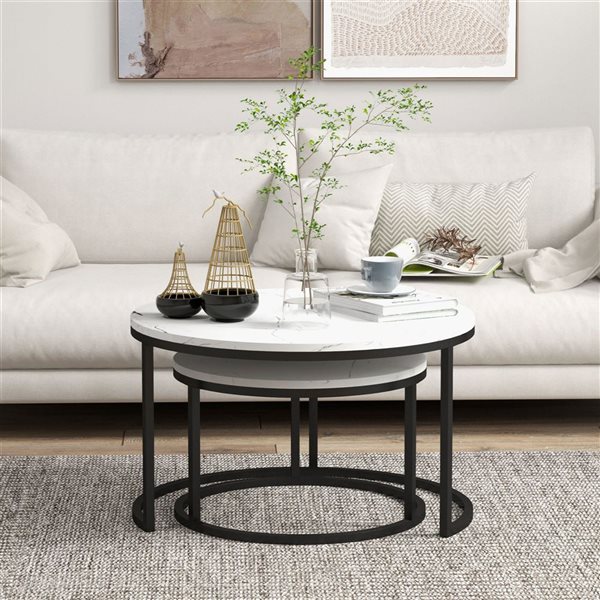 HOMCOM White Marble-Look MDF/Black Metal Round Nesting Coffee Tables - Set of 2