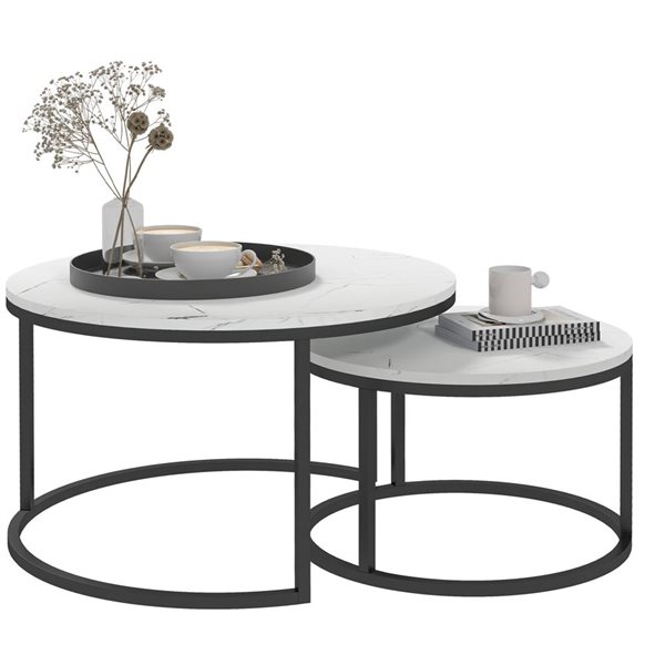 HOMCOM White Marble-Look MDF/Black Metal Round Nesting Coffee Tables - Set of 2